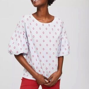 LOFT White and Red Puff Sleeve Top